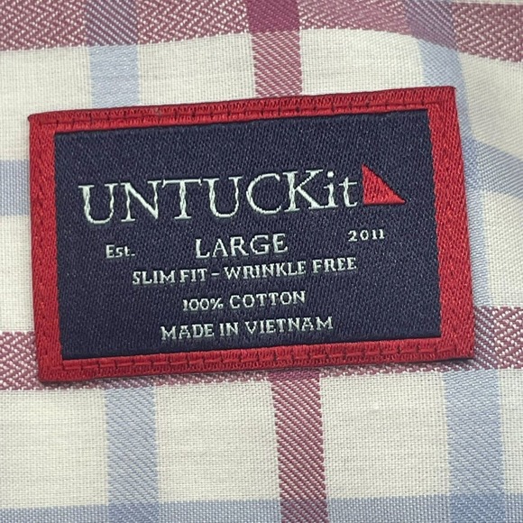 Untuckit Shirt Mens Large Red Blue Plaid Button Down Cantabera WF Slim Casual - Picture 4 of 10